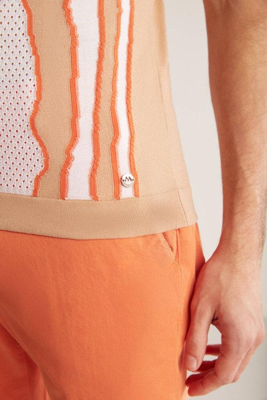 Çizgi Detaylı Kum Rengi Merserize Pamuk Triko Polo