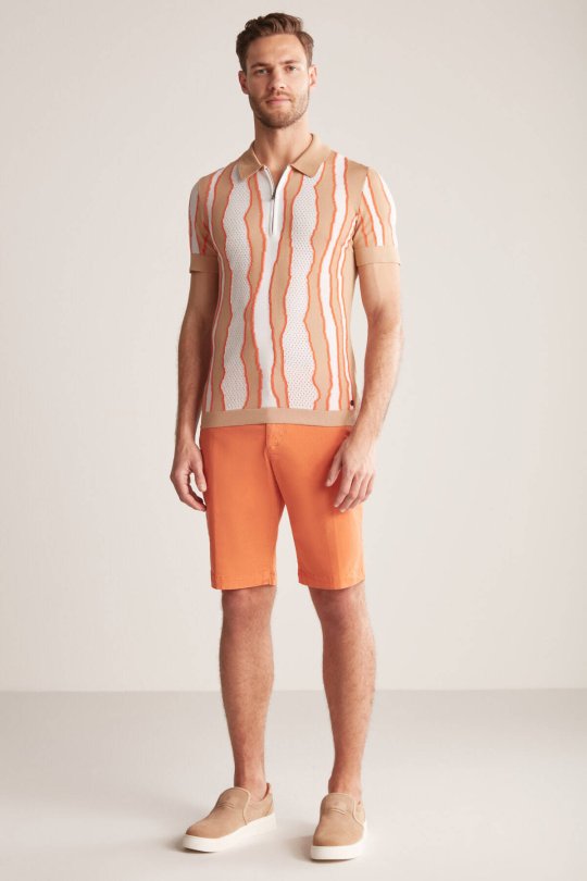 Çizgi Detaylı Kum Rengi Merserize Pamuk Triko Polo