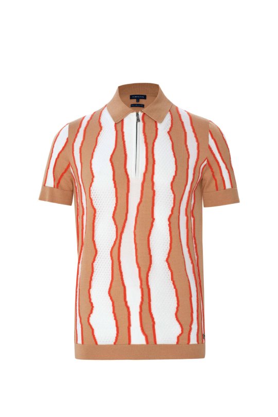 Çizgi Detaylı Kum Rengi Merserize Pamuk Triko Polo