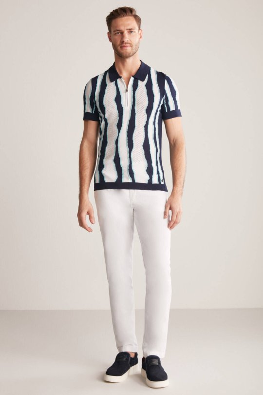 Çizgi Detaylı Lacivert Merserize Pamuk Triko Polo