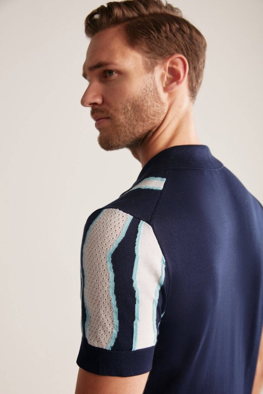 Çizgi Detaylı Lacivert Merserize Pamuk Triko Polo