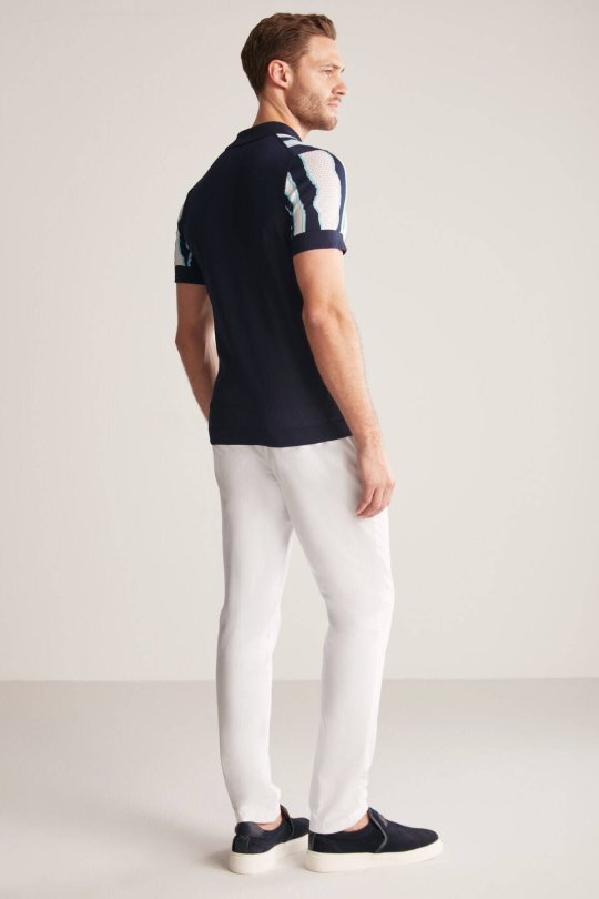 Çizgi Detaylı Lacivert Merserize Pamuk Triko Polo