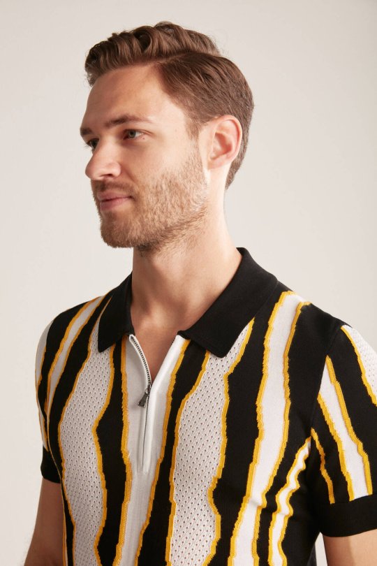 Çizgi Detaylı Siyah Merserize Pamuk Triko Polo