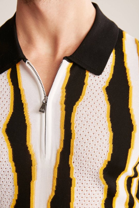 Çizgi Detaylı Siyah Merserize Pamuk Triko Polo