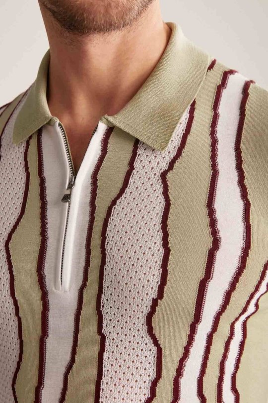 Çizgi Detaylı Yeşil Merserize Pamuk Triko Polo