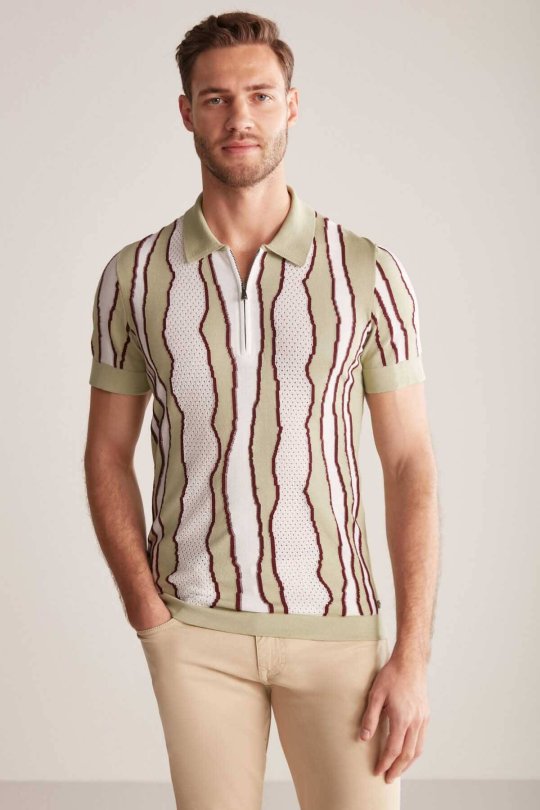 Çizgi Detaylı Yeşil Merserize Pamuk Triko Polo