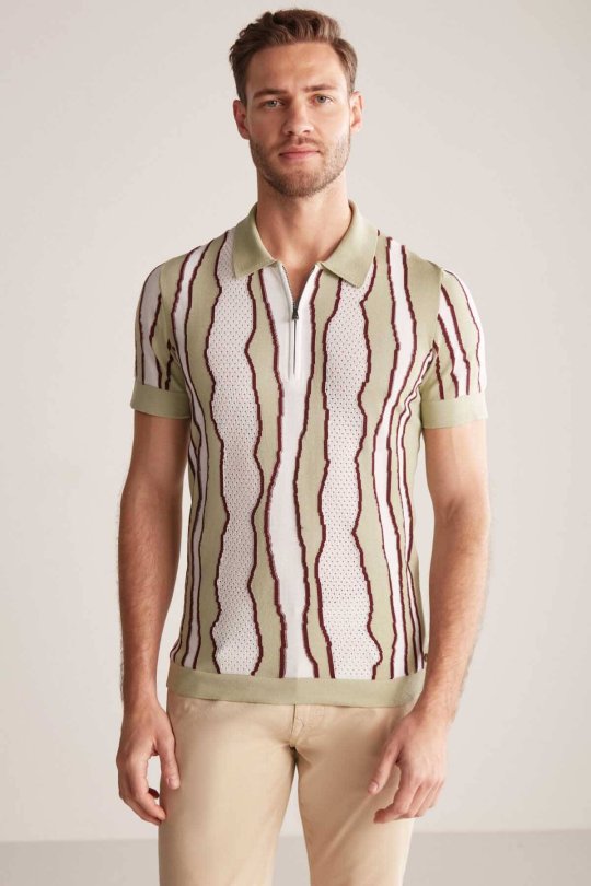 Çizgi Detaylı Yeşil Merserize Pamuk Triko Polo