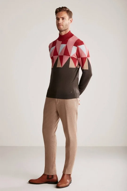 Hemington - Desenli Kahverengi-Pembe Lupetto Yaka Merino Yün Triko (4)