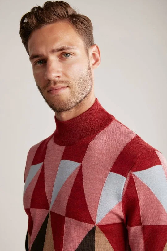 Hemington - Desenli Kahverengi-Pembe Lupetto Yaka Merino Yün Triko (3)