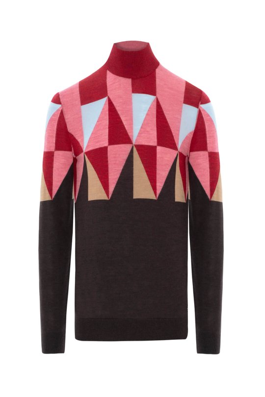 Desenli Kahverengi-Pembe Lupetto Yaka Merino Yün Triko