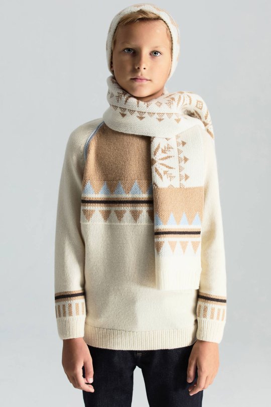 Desenli Kaşmir Karışım Ekru Çocuk Atkı