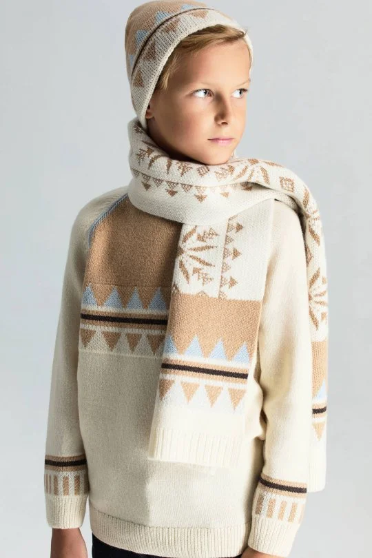 Hemington - Desenli Kaşmir Karışım Ekru Çocuk Atkı (1)