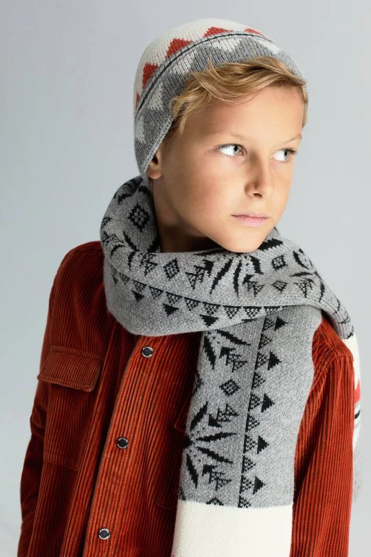 Hemington - Desenli Kaşmir Karışım Gri Çocuk Atkı (1)