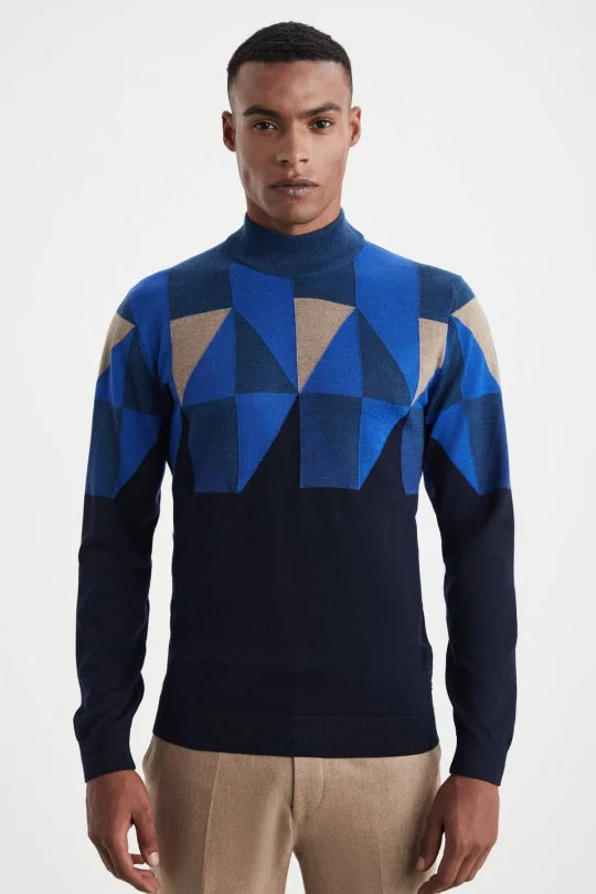 Hemington - Desenli Lacivert-Camel Lupetto Yaka Merino Yün Triko (2)