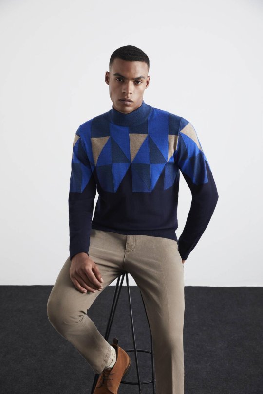 Desenli Lacivert-Camel Lupetto Yaka Merino Yün Triko