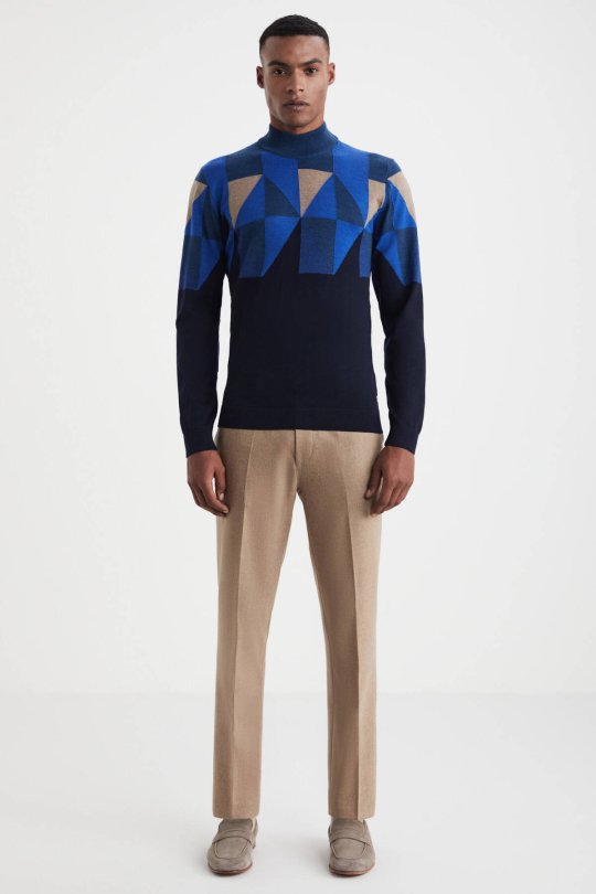 Desenli Lacivert-Camel Lupetto Yaka Merino Yün Triko