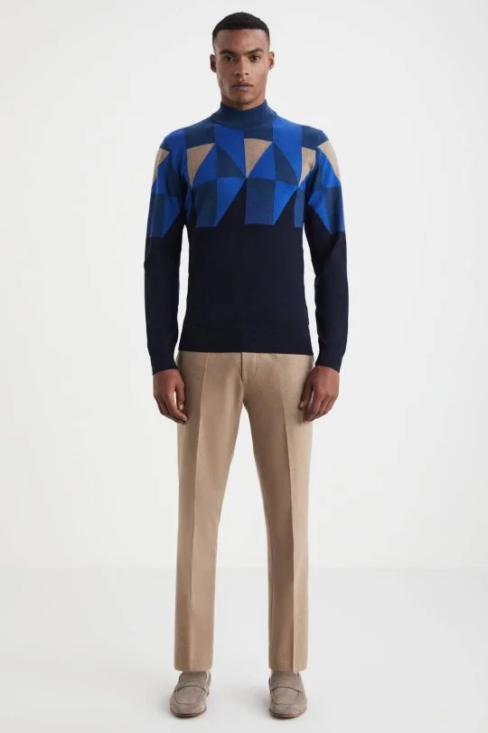 Hemington - Desenli Lacivert-Camel Lupetto Yaka Merino Yün Triko (1)