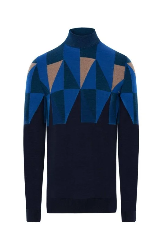 Hemington - Desenli Lacivert-Camel Yarım Balıkçı Yaka Merino Yün Triko (7)