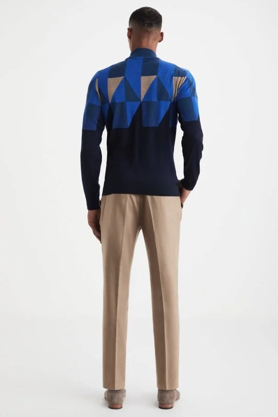 Hemington - Desenli Lacivert-Camel Yarım Balıkçı Yaka Merino Yün Triko (5)