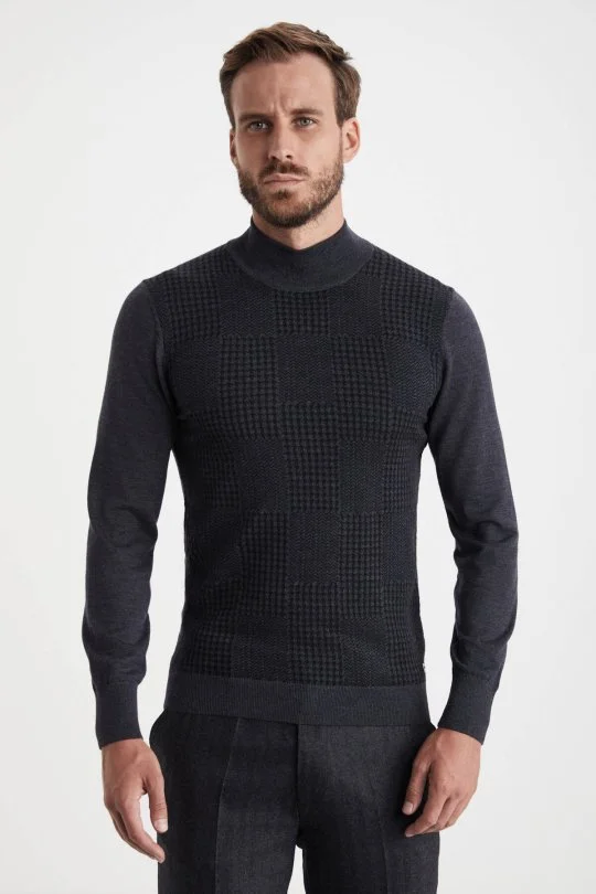 Hemington - Desenli Lupetto Yaka Merino Yün Antrasit Triko