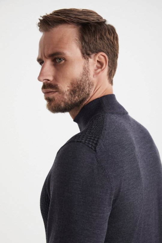 Desenli Lupetto Yaka Merino Yün Antrasit Triko