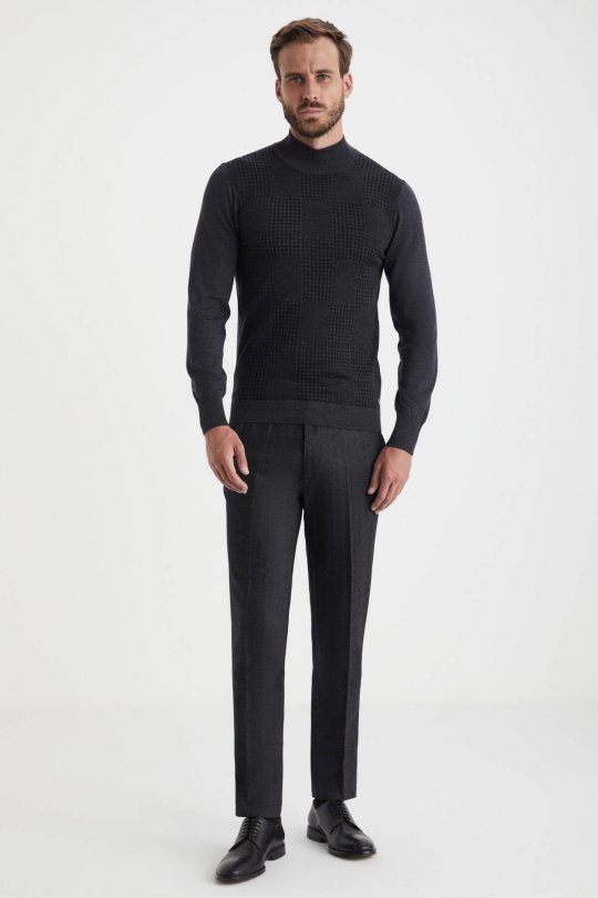 Desenli Lupetto Yaka Merino Yün Antrasit Triko