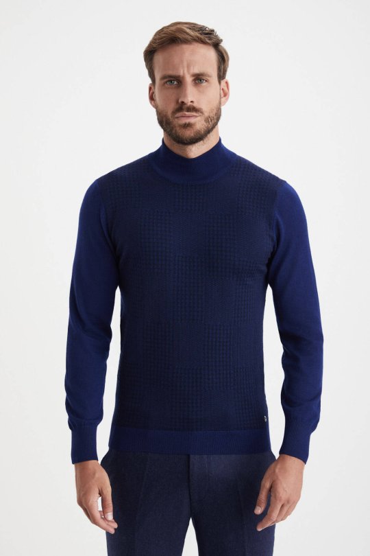 Desenli Lupetto Yaka Merino Yün Koyu Mavi Triko