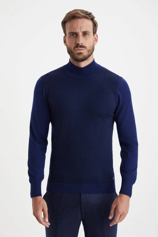 Hemington - Desenli Lupetto Yaka Merino Yün Koyu Mavi Triko (1)