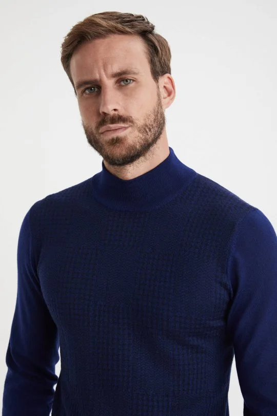 Hemington - Desenli Lupetto Yaka Merino Yün Koyu Mavi Triko (3)