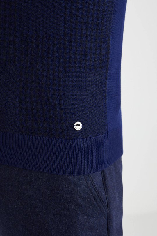 Desenli Lupetto Yaka Merino Yün Koyu Mavi Triko