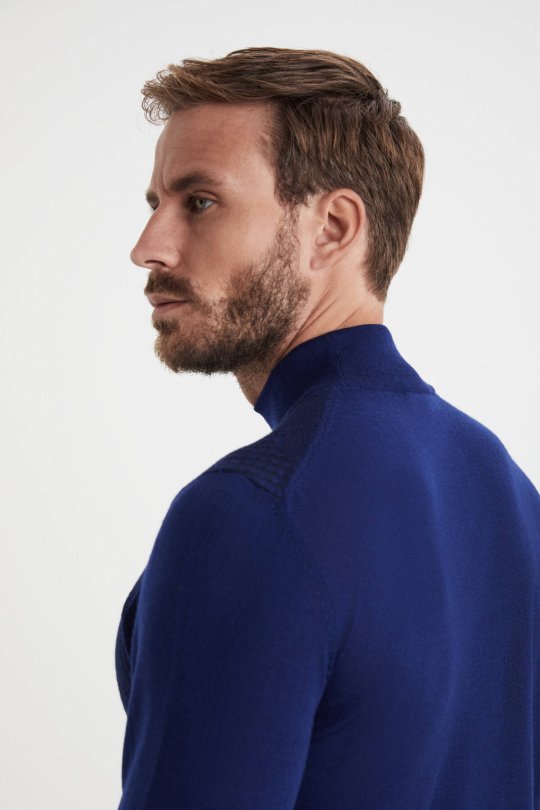 Desenli Lupetto Yaka Merino Yün Koyu Mavi Triko