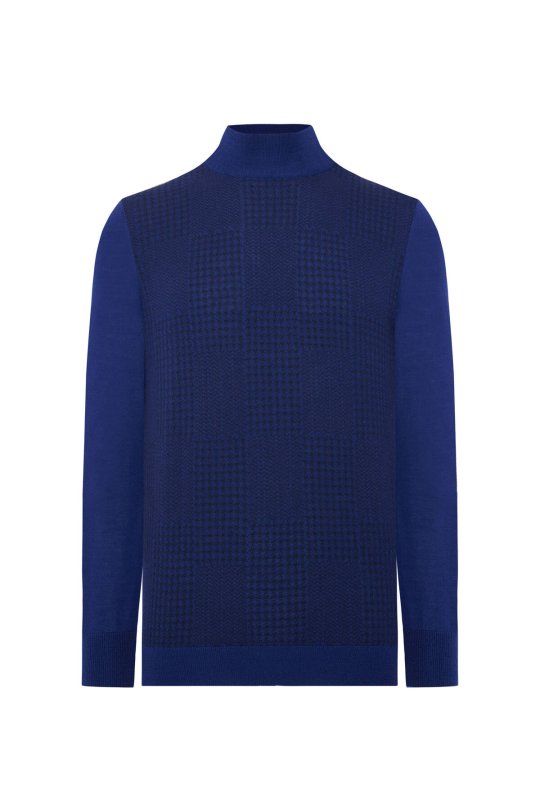 Desenli Lupetto Yaka Merino Yün Koyu Mavi Triko