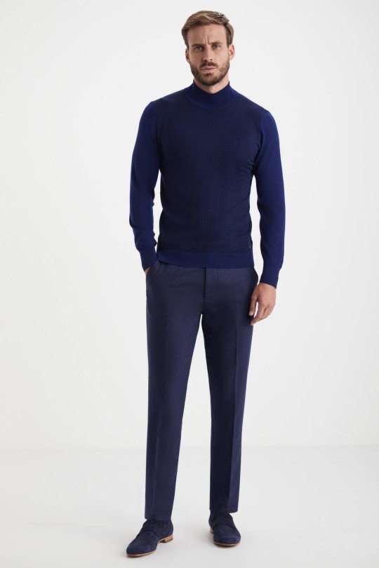 Desenli Lupetto Yaka Merino Yün Koyu Mavi Triko