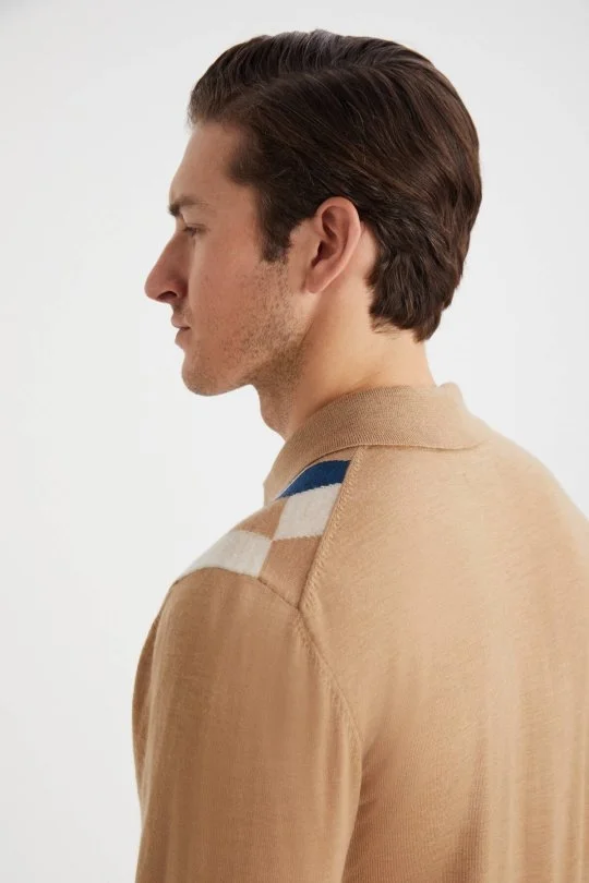 Hemington - Desenli Merino Yün Camel Triko Gömlek (2)