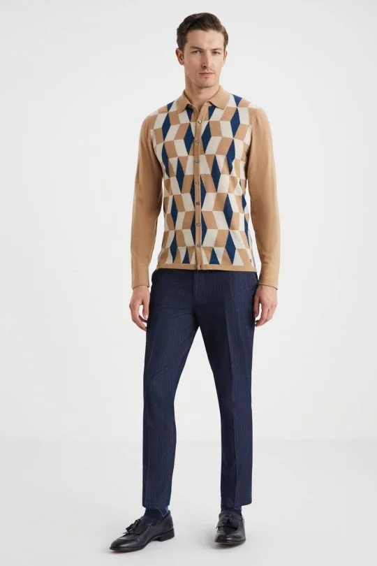 Hemington - Desenli Merino Yün Camel Triko Gömlek (1)