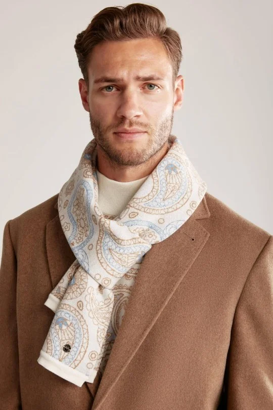 Hemington - Desenli Merino Yün Ekru Atkı (1)