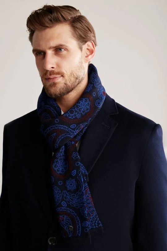 Hemington - Desenli Merino Yün Lacivert Atkı (1)