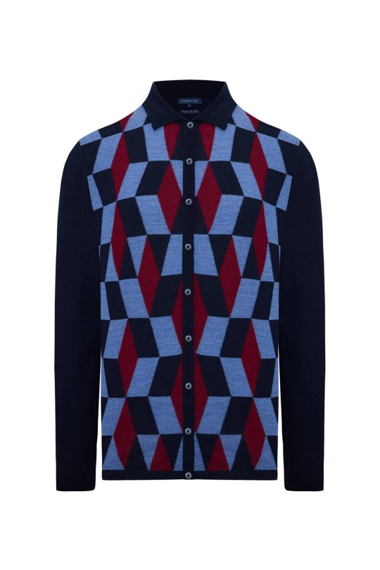 Desenli Merino Yün Lacivert Triko Gömlek