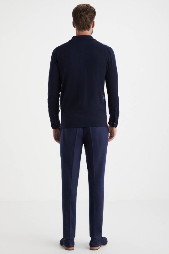 Desenli Merino Yün Lacivert Triko Gömlek