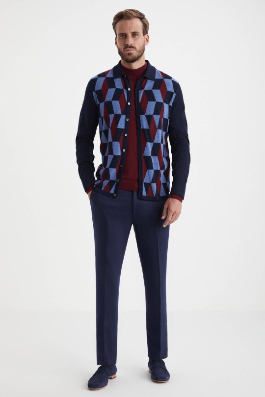 Desenli Merino Yün Lacivert Triko Gömlek