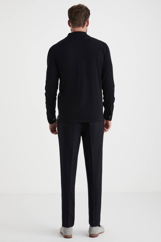 Desenli Merino Yün Siyah Triko Gömlek