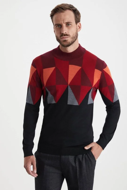 Hemington - Desenli Siyah-Kırmızı Lupetto Yaka Merino Yün Triko