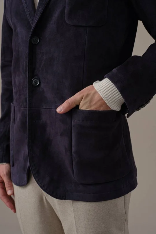Doğal Süet Deri Lacivert Blazer Ceket