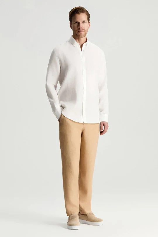 Hemington - Düğmeli Yaka Saf Keten Beyaz Gömlek (2)