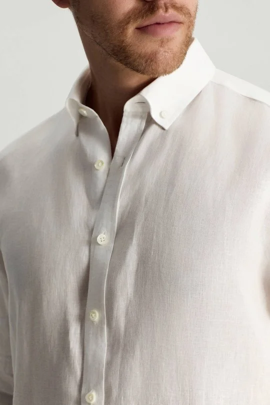 Hemington - Düğmeli Yaka Saf Keten Beyaz Gömlek (3)