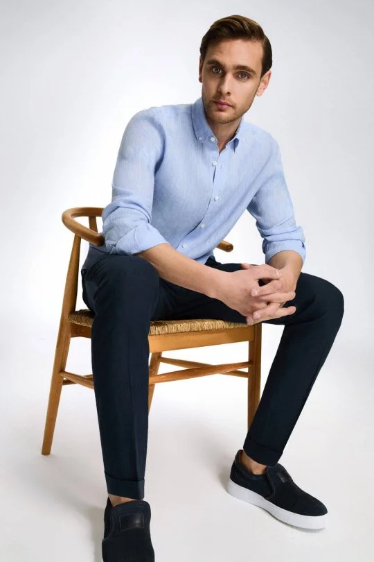 Hemington - Düğmeli Yaka Saf Keten Açık Mavi Gömlek (1)