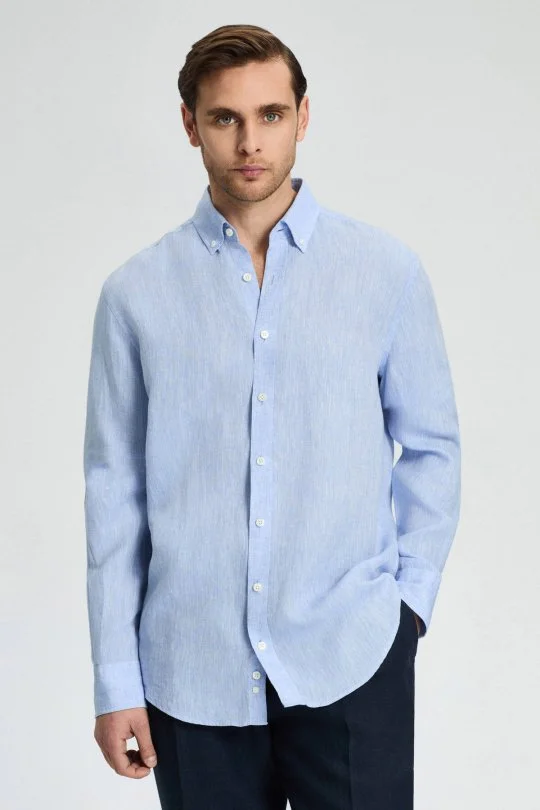 Hemington - Düğmeli Yaka Saf Keten Açık Mavi Gömlek (2)