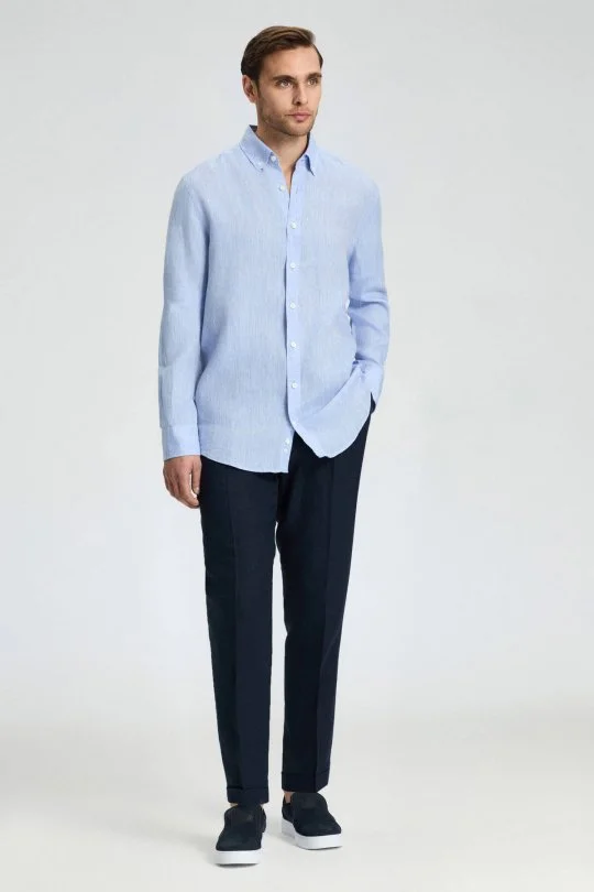 Hemington - Düğmeli Yaka Saf Keten Açık Mavi Gömlek (3)