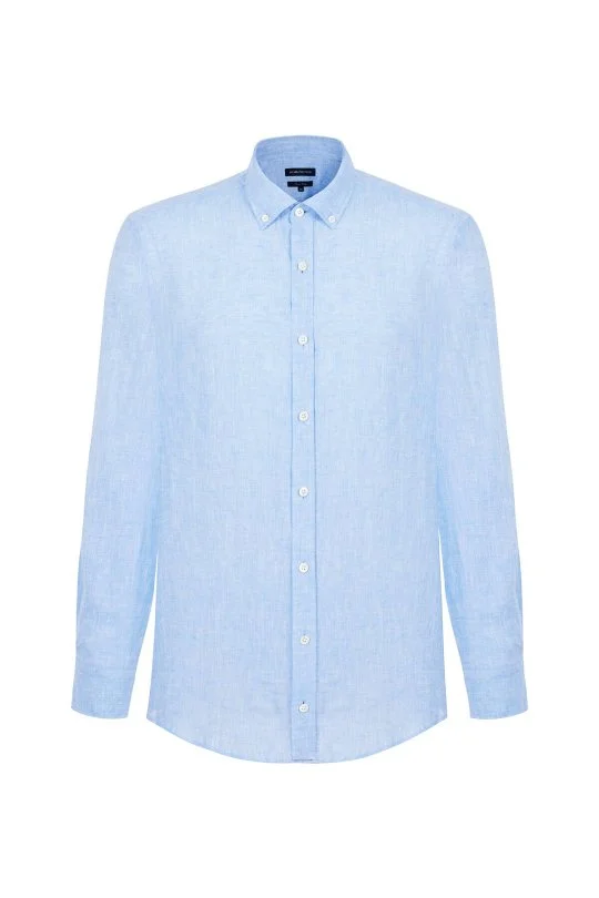 Hemington - Düğmeli Yaka Saf Keten Açık Mavi Gömlek (7)