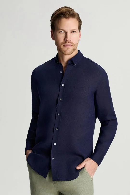 Hemington - Düğmeli Yaka Saf Keten Koyu Lacivert Gömlek (1)